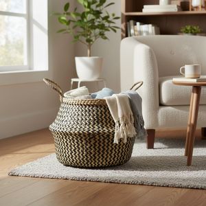 <b>Woven</b> Storage <b>Basket</b> Handwoven Water Hyacinth Belly <b>Basket</b> with Handles Eco Friendly Organizer for Home Decor Laundry Storage - Product Image 1