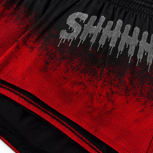 Shorts pour hommes dégradé rouge et noir à sequins, imprimé SHHHH au dos, taille élastique, séchage rapide, style streetwear, délavé à l'acide - Product Image 6