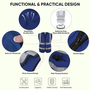 Reflective Safety Vests Unisex High Visibility Quick Dry Multiple Pockets Mesh Fabric ODM Safety Apparel Neon <b>Work</b> Vest - Product Image 3