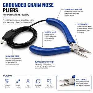 Alicates de punta plana con conexión a tierra de acero inoxidable para soldadura de joyería permanente con cable de tierra ZetomedPro - Product Image 3