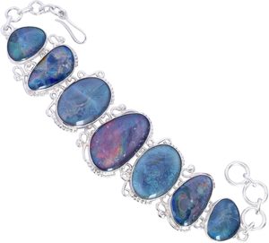 Bracelet vintage en argent sterling 925 massif avec opale, chaîne à maillons, pour femme, à porter au quotidien, bijoux fins, serti de pierres bleues irisées - Product Image 4
