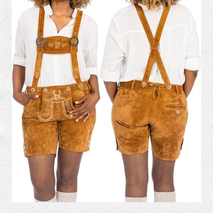 Vintage Style Womens Lederhosen Genuine Leather Traditional Shorts with Antique Finish and Adjustable Matching <b>Suspenders</b> - Product Image 2