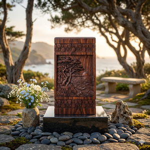 Urna Funeraria de Madera Hecha a Mano, Diseño de Árbol Tallado en Marrón con Atardecer, Urna Conmemorativa para Adultos - Product Image 3