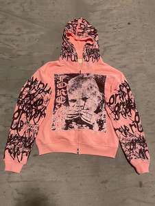 Sweat-shirt à capuche zippé court personnalisé pour homme, imprimé graphique abstrait sur toute la manche, style vintage streetwear, en coton - Product Image 1