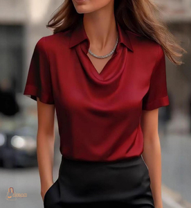 Blusa Elegante de Satén para Mujer, Manga Corta, Cuello Camisero, Color Sólido, para Oficina, Antiarrugas, Corte Regular - Product Image 1