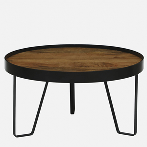 Table basse ronde en bois de manguier massif avec plateau en métal, style industriel rustique, finition noire et naturelle. - Product Image 3