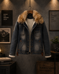 Men's Denim Jacket With Fur Hood Sherpa <b>Lined</b> Winter Coat Casual Streetwear Slim Fit <b>Washed</b> Blue - Product Image 3