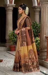 Sari de seda con estampado digital tradicional, con motivos florales y de diosas, para mujeres, ropa de boda de India y Pakistán. - Product Image 2