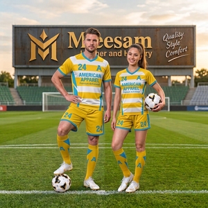 Maillot de football unisexe à col en V, manches courtes, rayé jaune et blanc, imprimé par sublimation, anti-humidité, coupe athlétique - Product Image 1