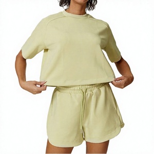 Women's Solid Crew Neck Crop Top & Shorts 2-Piece Set Breathable Spandex Cotton Yoga Workout Wear - Product Image 3