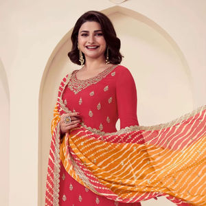 Salwar Kameez étnico de viscosa chinon con bordado, zari y lentejuelas, conjunto de traje Salwar Anarkali Kurta con pantalón y dupatta. - Product Image 1