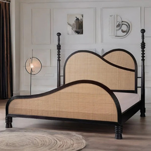 Transitional <b>Rattan</b> <b>Bed</b> <b>Frame</b> with Wooden <b>Frame</b> Black and Natural Woven Panel Headboard and Footboard Handmade Bedstead - Product Image 1