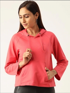 เสื้อฮู้ดสีแดงสำหรับผู้หญิง ทรงปกติ สีพื้น ผ้าฝ้ายถัก 100% สไตล์ฤดูใบไม้ร่วง ระบายอากาศได้ดี เหมาะสำหรับใส่ลำลอง - Product Image 5