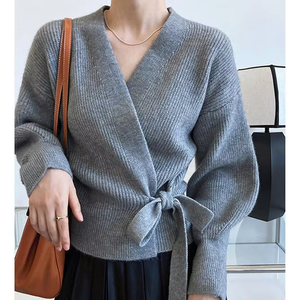 Cárdigan de punto con cuello en V para mujer, top cruzado de manga tres cuartos con cinturón, suéter de otoño - Product Image 4