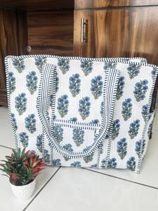 Indian Women's <b>Quilted</b> Cotton Lined Flower Animal Design Screen Printed <b>Tote</b> <b>Bag</b> For Shopping with Zipper Closure - Product Image 1