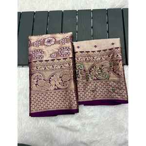 FANCY BANARASI SILK SAREE CON KHATLI TRABAJO A MANO BLUSA DESCOSTADA VINO - Product Image 1