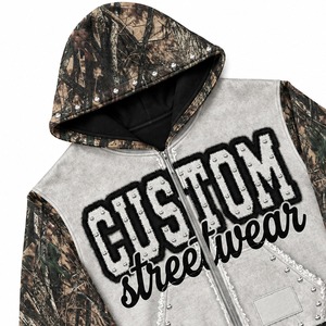 Custom Camo And Grey Zip Up Hoodie With Studded Patch Work And Custom Print Design For Unisex Wear - Product Image 4