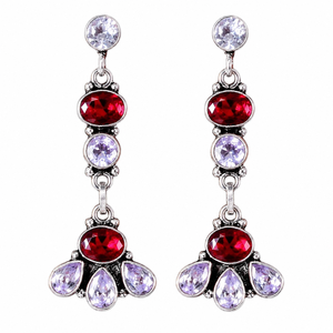 Boucles d'oreilles pendantes en argent oxydé |   Boucles d'oreilles pendantes bohèmes en onyx multi-pierres pour mariage |   Bijoux ethniques indiens faits à la main en gros - Product Image 1