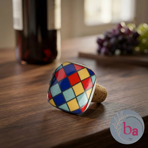 Tapón de Botella de Cerámica Vintage Beads Art CBS 112 con Base de Corcho, Diseño a Cuadros Multicolor para Botellas de Vino - Product Image 3
