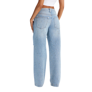 Women's Light Blue Rhinestone <b>Studded</b> Distressed Straight-Leg Jeans Casual Loose Fit Mid Waist Denim Pants - Product Image 2