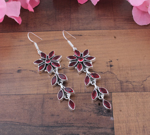 925 Sterling <b>Silver</b> Natural Red Garnet Flower Drop <b>Earrings</b> | Wholesale Handcrafted Marquise Leaf Long <b>Dangle</b> Chandelier <b>Earring</b> - Product Image 6