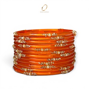 Meilleures ventes de bijoux indiens : Bracelets en verre kashmiri orange en forme de goutte de pluie, plaqués or, avec cristaux, pour mariage et occasions festives, prix de gros - Product Image 5