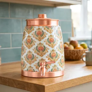 Pure Copper Water <b>Dispenser</b> <b>with</b> Floral Meena Design and <b>Tap</b> Decorative Copper Water Storage Matka <b>with</b> Lid for Home Office - Product Image 5