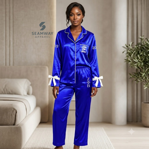 Zeta Phi Beta Women's Satin Pajama <b>Set</b> Long Sleeve Button-Up Embroidered Two <b>Piece</b> Sleepwear Blue With <b>White</b> Trim Lounge <b>Set</b> - Product Image 5