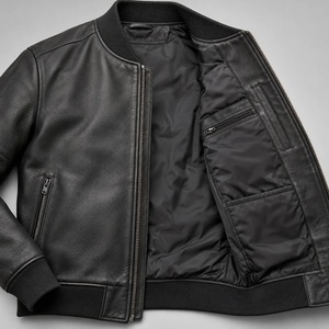 Blouson aviateur en cuir noir pour homme, fermeture éclair intégrale, style motard - Product Image 5