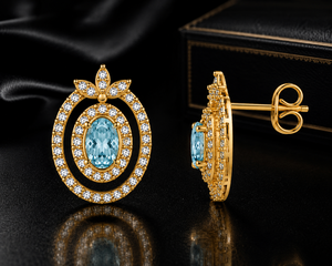 Blue Topaz CZ <b>Stud</b> - 925 Sterling <b>Silver</b> Gold Plated Handmade Gemstone Oval Gemstone Halo Earrings - Product Image 4