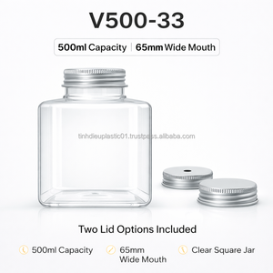 V500-33 500ml Clear Square <b>Plastic</b> <b>Jar</b> with Aluminum Cap Eco-Friendly Leakproof Packaging for Beverages - Product Image 2