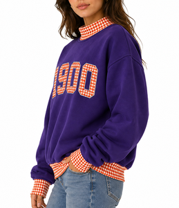 Sweat-shirt violet pour femme avec motif appliqué 1900, col et poignets à carreaux, coupe classique, col rond, style automne - Product Image 3