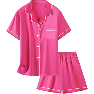 \Pink Satin Short Sleeve <b>Pajama</b> Loose Fit Women Night <b>Suit</b> Short Sleeve Crew Neck Shorts Set Elastic Waist Home - Product Image 3