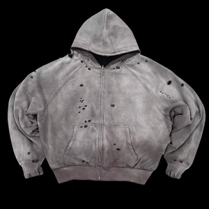 Sweat-shirt à capuche zippé surdimensionné pour homme, gris délavé, en coton French Terry, avec poches, style automne - Product Image 6