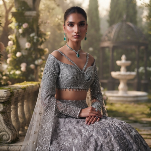 Elegante Conjunto de Lehenga Choli Gris Bordado para Mujer, Vestido Tradicional Indio Pakistaní para Boda, Largo hasta el Suelo, de Algodón sin Arrugas - Product Image 3