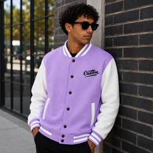 <b>Men</b> Varsity <b>Jacket</b> Purple <b>White</b> Embroidered Custom Logo Regular Fit Turn-down Collar Casual Winter Windproof Breathable Heated - Product Image 1