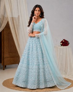Magnifique Lehenga Choli en tulle bleu ciel brodé pour les fêtes - Product Image 4
