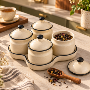 Ensemble de pots en céramique crème avec couvercles, poignées à bordure noire, quatre récipients de stockage alimentaire avec base |   Organisation du plan de travail de cuisine - Product Image 4