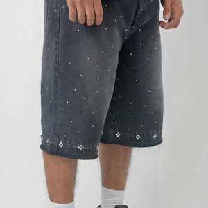 Shorts en jean personnalisés taille haute pour homme, style streetwear Y2K, amples, vintage, délavés, avec strass et cristaux - Product Image 6