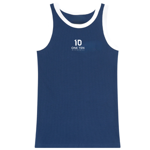 Camiseta sin mangas acanalada azul marino personalizada para mujer con ribete en contraste blanco, chaleco casual de verano sin mangas de algodón premium, venta al por mayor OEM ODM - Product Image 1