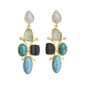 Pendientes Colgantes de Latón Natural con Perlas y Piedras Naturales, Diseño de Latón Satinado, Pieza de Moda, Turquesa, Estilo Bohemio Clásico - Product Image 1