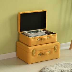 Wholesale Ochre Velvet Upholstered Decor Trunk Set Leatherette Handle <b>Blanket</b> Storage <b>Box</b> - Product Image 5