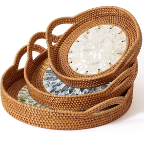 Ensemble de plateaux de service ronds en nacre et rotin, design moderne, bleu ciel et blanc, pour le rangement des tasses à thé à la maison royale - Product Image 3