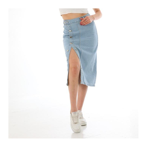 Jupe décontractée droite en jean grande taille, longueur genou, avec boutons sur le devant et fente à l'ourlet, lavable en machine, taille naturelle - Product Image 1