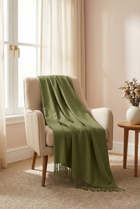 Plaid en coton vert olive avec pompons, motif uni rectangulaire, doux, toutes saisons, pour lit et canapé - Product Image 2