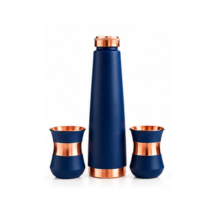 Teal Copper Water Bottle Set with Two Matching <b>Cups</b> Minimalist Design Portable Travel Drinkware - Product Image 2