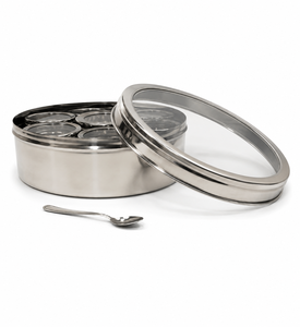 Dheer International - Caja de especias Masala Dabba de acero inoxidable premium n.° 13 con 9 recipientes y 1 cuchara, diámetro 22.50, venta al por mayor - Product Image 3