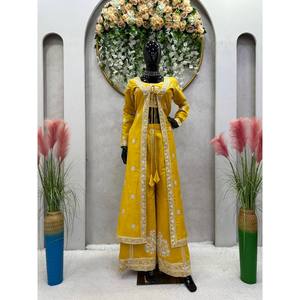 Ropa Tradicional China, Elegante Traje de Fiesta, Blusa Plazzo y Koti con Bordado de Hilo y Lentejuelas - Product Image 3