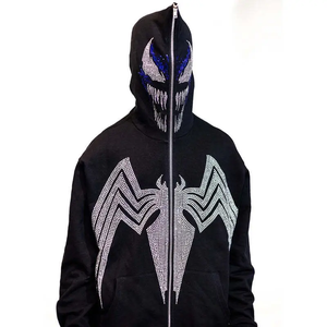 Sudadera con capucha negra para hombre con cremallera, estilo urbano, oversize, con diseño de araña y estampado brillante frontal - Product Image 2