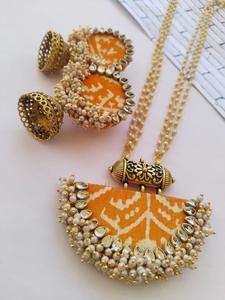 handmade fabric coin pendant multi strand pearl <b>necklace</b> set with <b>matching</b> stud earrings and beaded bangles jewellery - Product Image 2